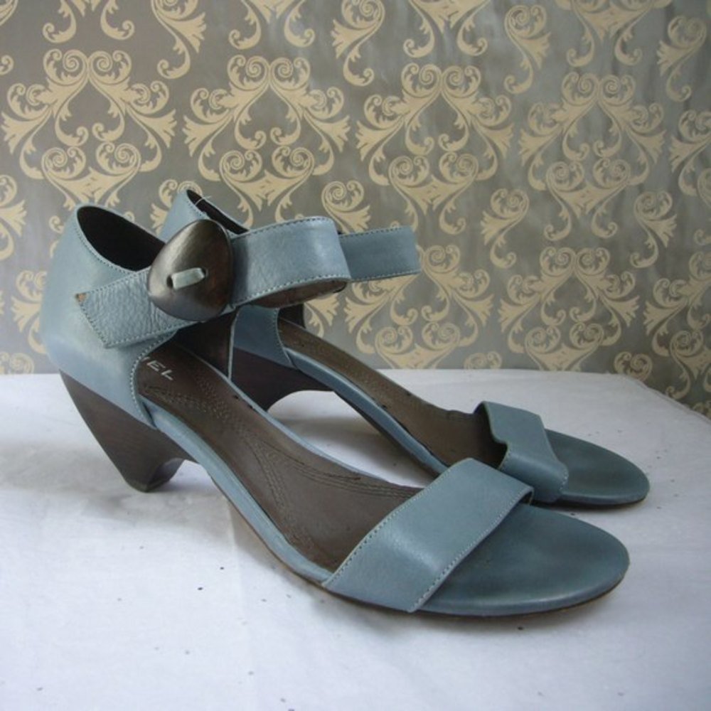 Biviel Blue Leather Ankle Strap Sandal - Size 40/ US 8-8.5 Wood Button Cone Heel